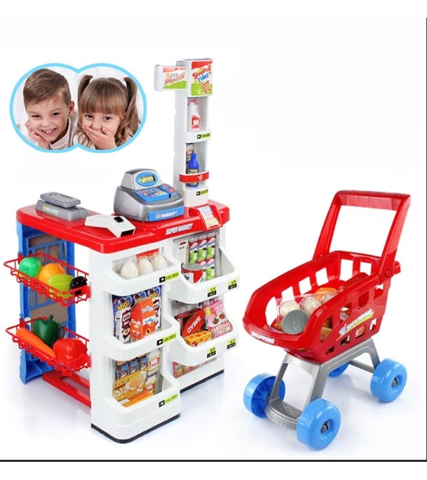 Educational cash register food shopping set plastic kids supermarket toy with scanner 