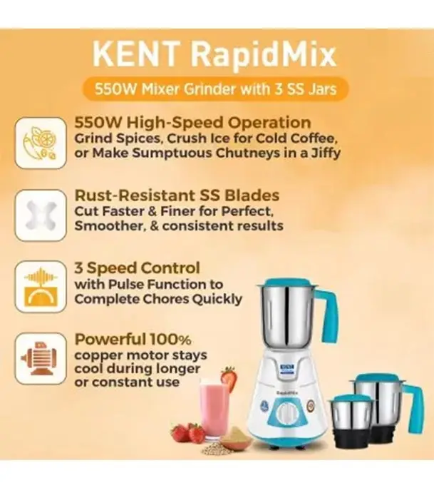 Buy KENT 550W RapidMix 16077 Mixer Grinder 3 Stainless Steel Jars Blue 