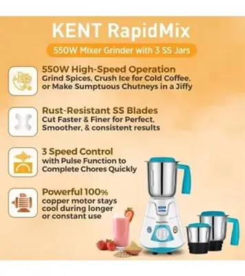 Buy KENT 550W RapidMix 16077 Mixer Grinder 3 Stainless Steel Jars Blue 