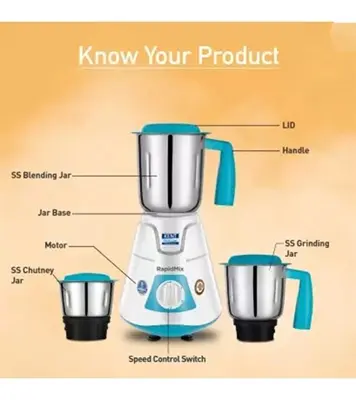 Buy KENT 550W RapidMix 16077 Mixer Grinder 3 Stainless Steel Jars Blue 