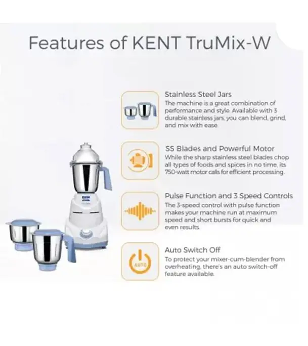 Buy KENT 750W Mixer Grinder 16064 TrueMix 3 Stainless Steel Jar Including Chutney Jar White Online at Best Price