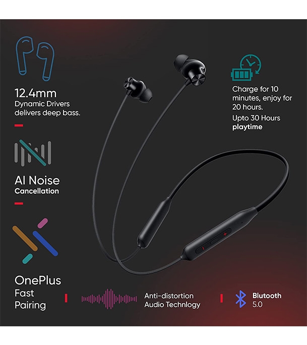 Oneplus Bullets Z2 Bluetooth Wireless in Ear Earphones with Mic, Bombastic Bass - 12.4 Mm Drivers, 10 Mins Charge - 20 Hrs Music, 30 Hrs Battery Life Magico Black Online at Best Price