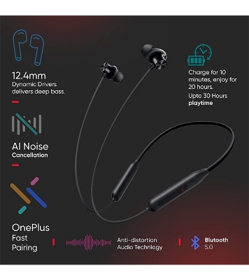 Oneplus Bullets Z2 Bluetooth Wireless in Ear Earphones with Mic, Bombastic Bass - 12.4 Mm Drivers, 10 Mins Charge - 20 Hrs Music, 30 Hrs Battery Life Magico Black Online at Best Price