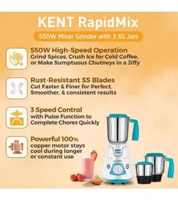 Buy KENT 550W RapidMix 16077 Mixer Grinder 3 Stainless Steel Jars Blue 