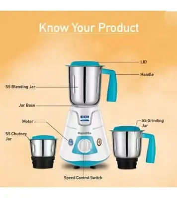 Buy KENT 550W RapidMix 16077 Mixer Grinder 3 Stainless Steel Jars Blue 