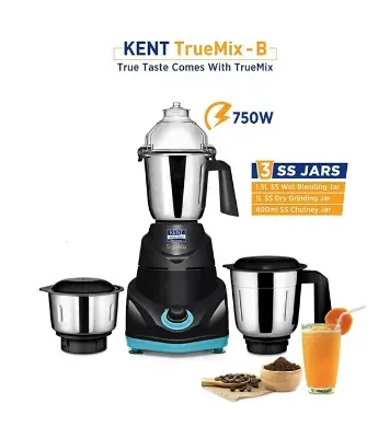 Buy KENT 750W Mixer Grinder 16065 TrueMix-B, Pulse Function, Auto Shut-Off, 3 Stainless Steel Jars Including Chutney Jar Black Online at Best Price