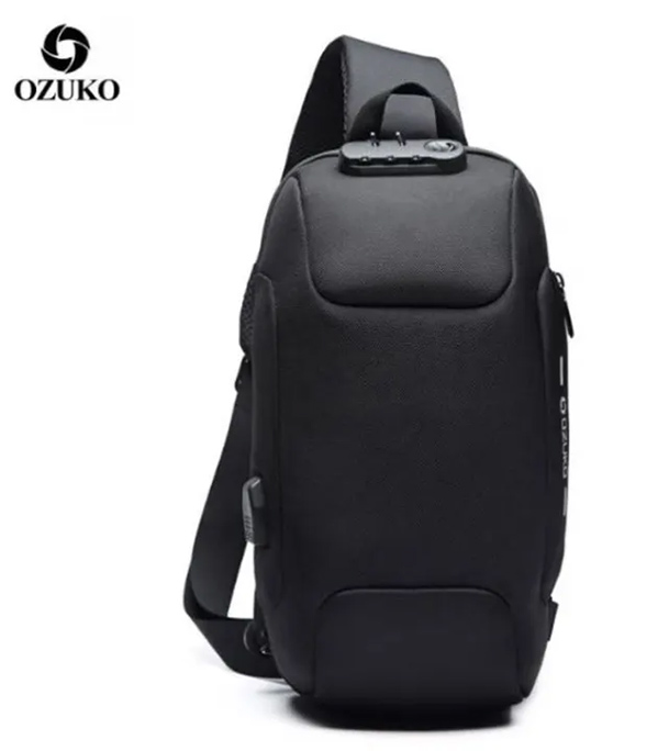 OZUKO 9223 Anti-theft Men Chest Bag Waterproof Crossbody Bag with External USB Charging Port, Style:Standard Size(Black)