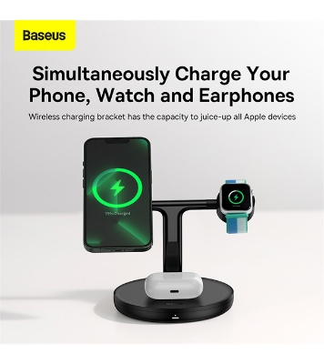 Picture of Baseus Swan 3-in-1 Wireless Magnetic Charging Bracket 20W Black With Quick Charger Adapter 12V 2A Black