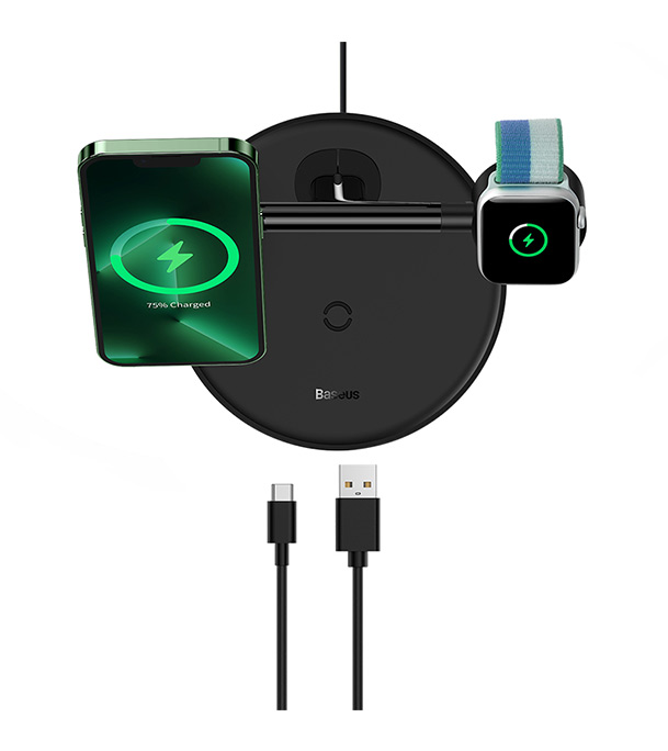 Picture of Baseus Swan 3-in-1 Wireless Magnetic Charging Bracket 20W Black With Quick Charger Adapter 12V 2A Black