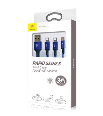 Picture of Baseus Rapid Series 3-in-1 Cable Micro+Dual Lightning 3A 1.2M Dark Blue