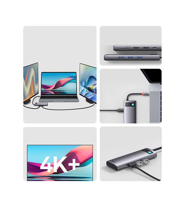 Picture of Baseus Metal Gleam Series 8-in-1 Multifunctional Type-C HUB Docking Station Gray (Type-C to HDMI*2+USB3.0*3+PD*1+SD/TF*1
