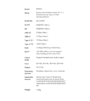 Picture of Baseus Metal Gleam Series 12-in-1 Multifunctional Type-C HUB Docking Station Gray (Type-C to HDMI*1+USB3.1*2+USB3.0*2+Type-C3.1*1+PD*1+RJ45*1+SD/TF*1+DP*1+3.5mm*1) 