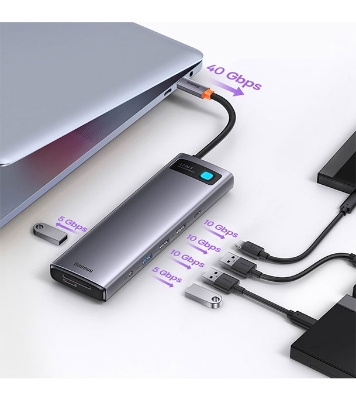 Picture of Baseus Metal Gleam Series 12-in-1 Multifunctional Type-C HUB Docking Station Gray (Type-C to HDMI*1+USB3.1*2+USB3.0*2+Type-C3.1*1+PD*1+RJ45*1+SD/TF*1+DP*1+3.5mm*1) 
