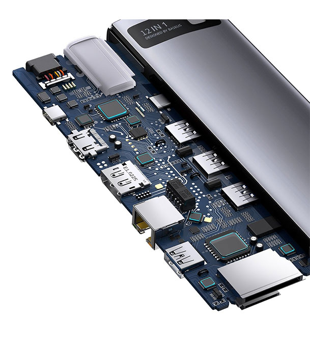 Picture of Baseus Metal Gleam Series 12-in-1 Multifunctional Type-C HUB Docking Station Gray (Type-C to HDMI*1+USB3.1*2+USB3.0*2+Type-C3.1*1+PD*1+RJ45*1+SD/TF*1+DP*1+3.5mm*1) 