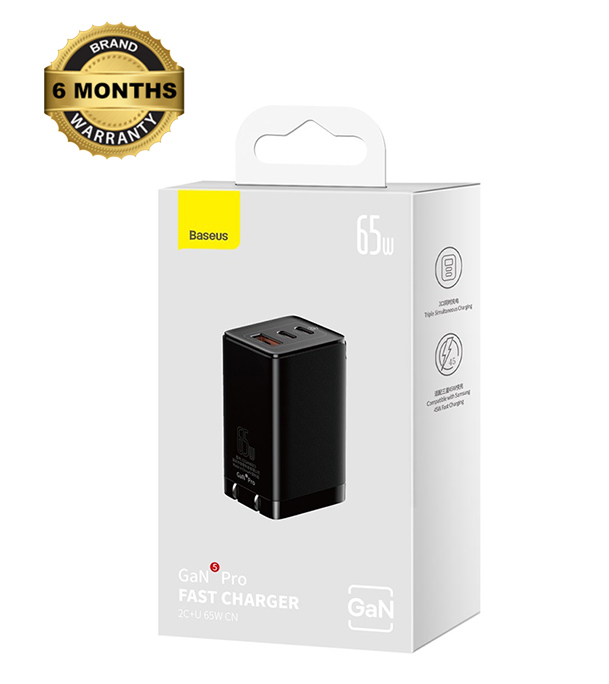 Picture of Baseus GaN5 Pro Fast Charger 2C+U 65W CN Black(Include Baseus Xiaobai series fast charging Cable Type-C to Type-C 100W(20V/5A) 1m Black