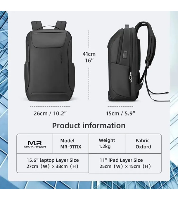 MR9111X Black Backpack. USB charging port, padded strap. For 15.6" laptop and tablet