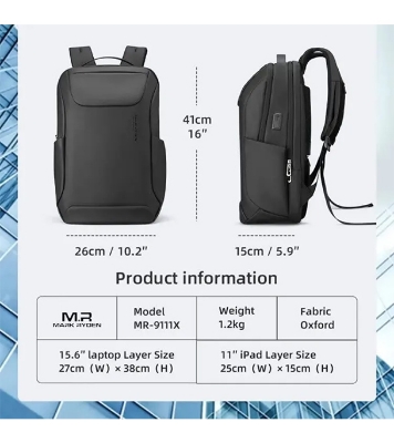 MR9111X Black Backpack. USB charging port, padded strap. For 15.6" laptop and tablet