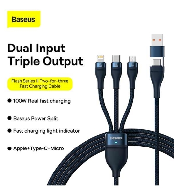 Baseus Flash Series Ⅱ Two-for-three Charging Cable U+C to M+L+C 100W 1.2m Black