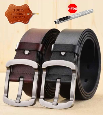 Picture of 2 Pcs Round Style Genuine Leather Belt Combo with Free Punch Machine Genuine Leather