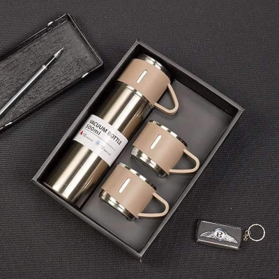 Buy Steel Vacuum Flask Set with 3 Steel Cups Combo-500ml Double-Layer Stainless Steel - Golden at Best Price In Bangladesh