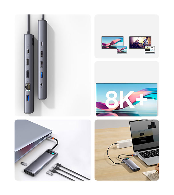 Picture of Baseus Metal Gleam Series 12-in-1 Multifunctional Type-C HUB Docking Station Gray (Type-C to HDMI*1+USB3.1*2+USB3.0*2+Type-C3.1*1+PD*1+RJ45*1+SD/TF*1+DP*1+3.5mm*1)  