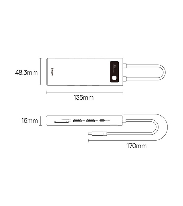 Picture of Baseus Metal Gleam Series 8-in-1 Multifunctional Type-C HUB Docking Station Gray (Type-C to HDMI*2+USB3.0*3+PD*1+SD/TF*1