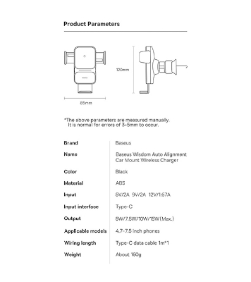  Baseus Wisdom Auto Alignment QI 15W Car Mount Wireless Charger 