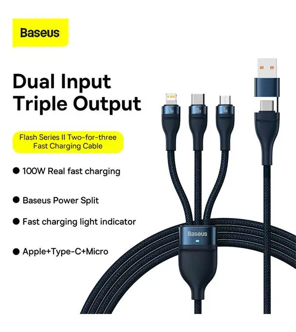 Baseus Flash Series Ⅱ Two-for-three Charging Cable U+C to M+L+C 100W 1.2m Black