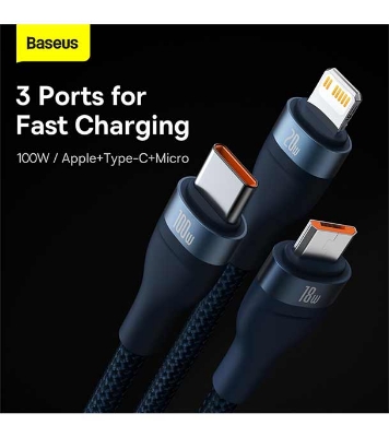 Baseus Flash Series Ⅱ Two-for-three Charging Cable U+C to M+L+C 100W 1.2m Black