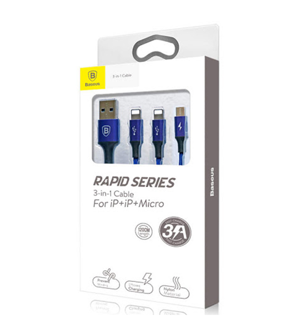 Baseus Rapid Series 3-in-1 Cable Micro+Dual Lightning 3A 1.2M Dark Blue