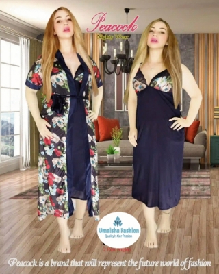 Picture of Indian Silky Peacock Satin Nightgown 2 Part Comfortable Day And Night Wear Luxurious Print Nightdress. - Night Dress For Women