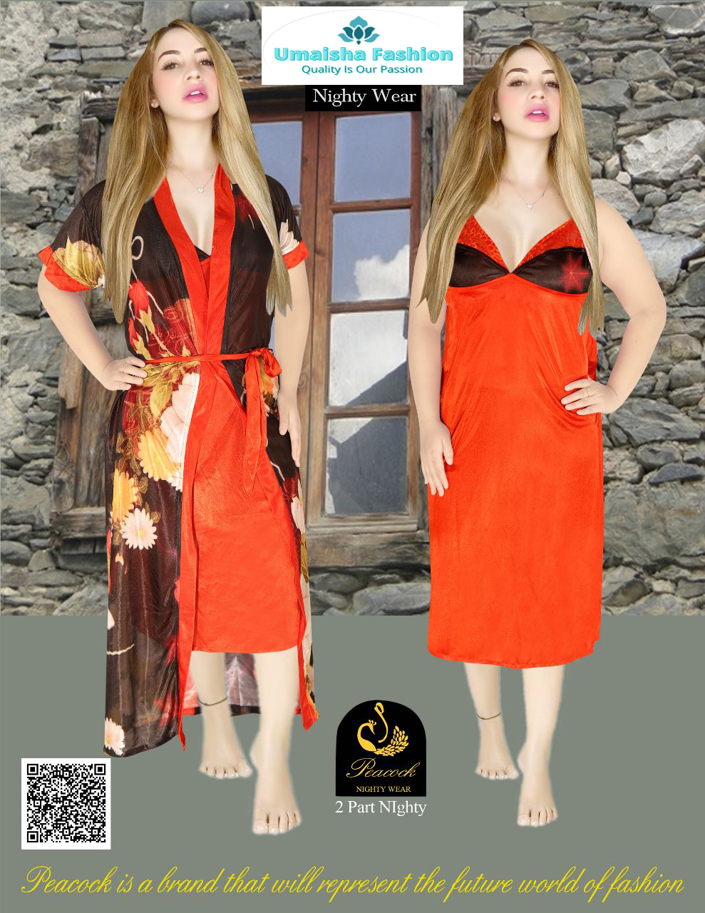 Picture of Indian Silky Peacock Satin Nightgown 2 Part Comfortable Day And Night Wear Luxurious Print Nightdress. - Night Dress For Women