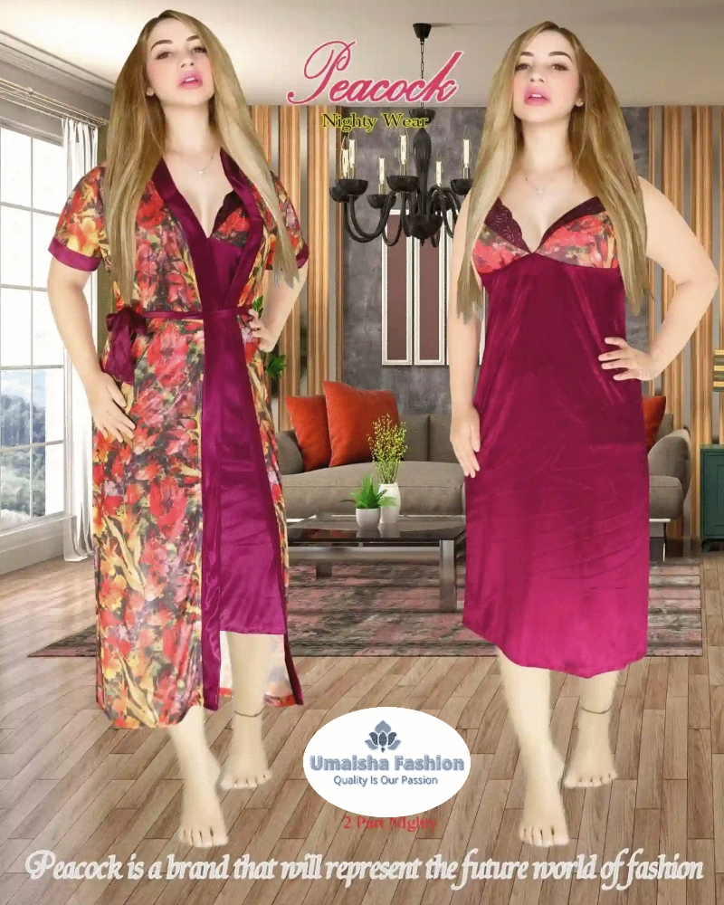 Picture of Indian Silky Peacock Satin Nightgown 2 Part Comfortable Day And Night Wear Luxurious Print Nightdress. - Night Dress For Women