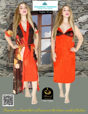 Picture of Indian Silky Peacock Satin Nightgown 2 Part Comfortable Day And Night Wear Luxurious Print Nightdress. - Night Dress For Women