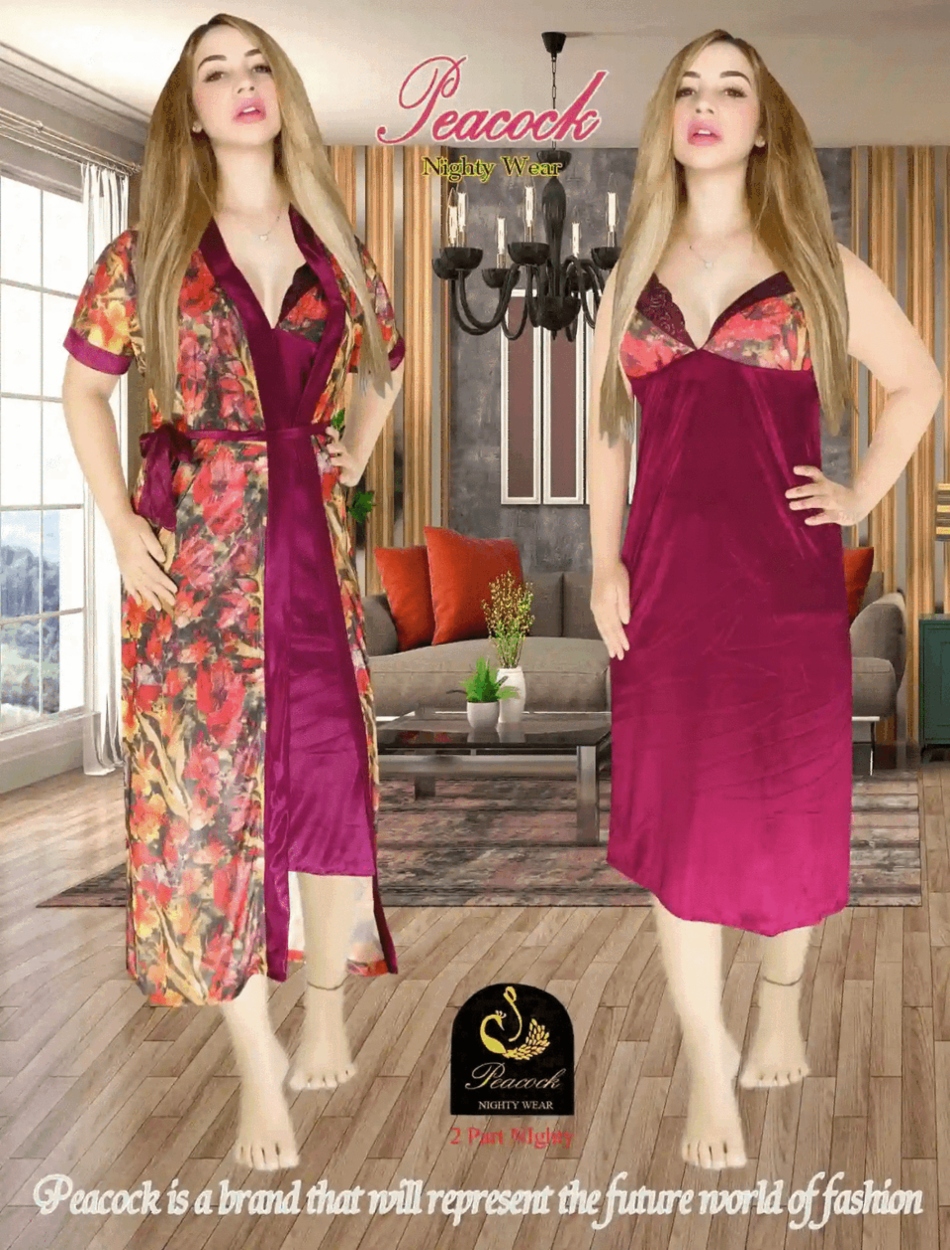 Picture of Indian Silky Peacock Satin Nightgown 2 Part Comfortable Day And Night Wear Luxurious Print Nightdress. - Night Dress For Women