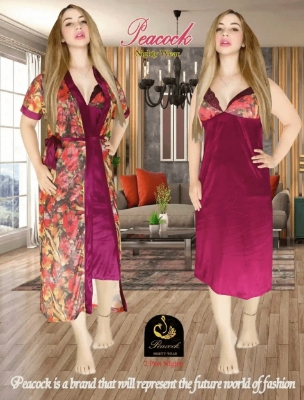 Picture of Indian Silky Peacock Satin Nightgown 2 Part Comfortable Day And Night Wear Luxurious Print Nightdress. - Night Dress For Women