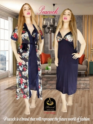 Picture of Indian Silky Peacock Satin Nightgown 2 Part Comfortable Day And Night Wear Luxurious Print Nightdress. - Night Dress For Women