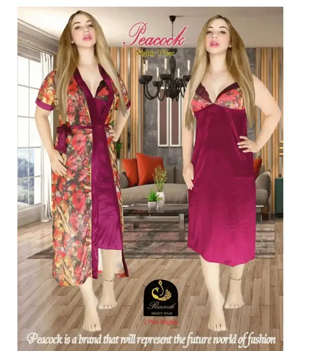 Picture of Indian Silky Satin Nightgown 2 Part Comfortable Day And Night Wear Luxurious Print Nightdress. - Night Dress For Women