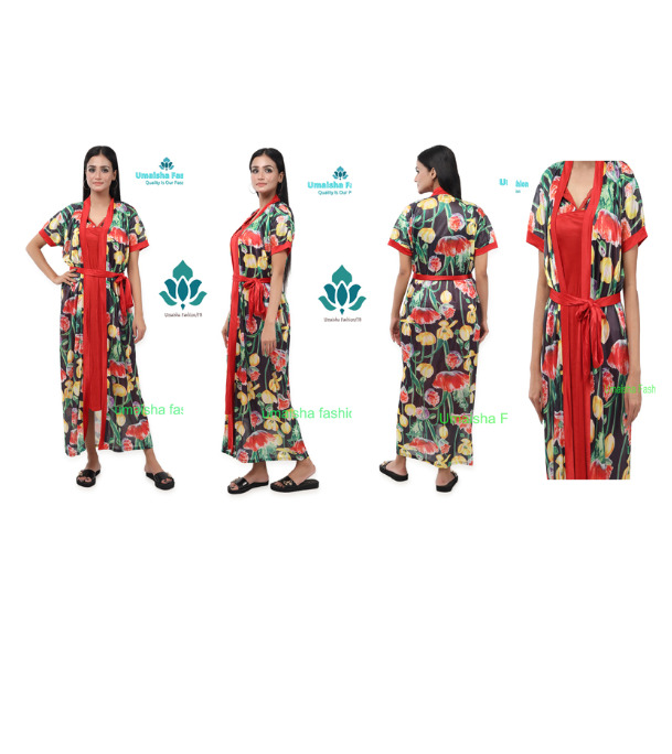 Picture of Indian Silky Satin Nightgown 2 Part Comfortable Day And Night Wear Luxurious Print Nightdress. - Night Dress For Women