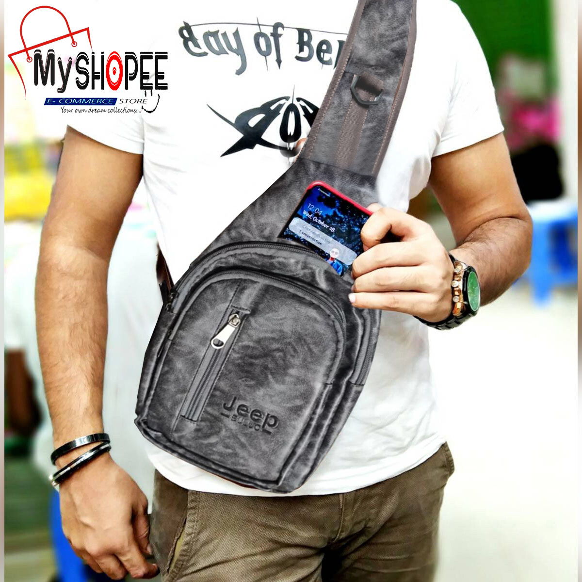 Picture of Crossbody Messenger Bag With Shoulder Belt And Pu Leather Bag Fashion Cross Body PU Leather Bag For Men and Woman Jeep Brown Pu Leather Shoulder Crossbody Bag for Men