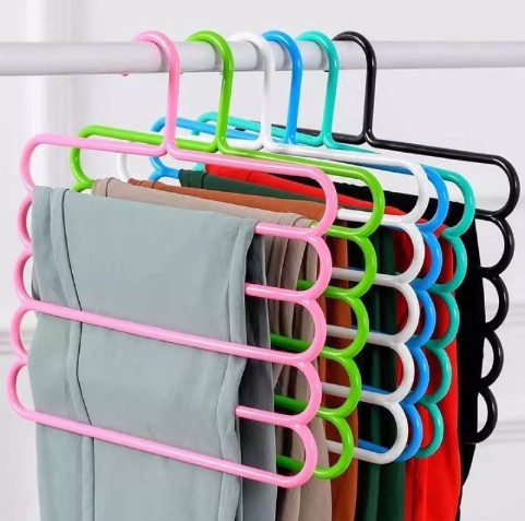 Picture of ShoppoStreet 5 Layer Multipurpose Multi Layer Hanger for Shirts, Wardrobe, Ties, Pants Space Saving Hanger, Cupboard Organizer, Plastic Hangers (Multi Color) - 1 pc