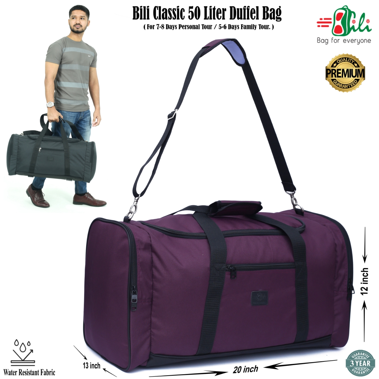 Picture of Bili Classic Premium 50 Liter Travel Bag, Family Bag, Big Travel Bag, Big bag, Luggage bag, Waterproof bag, Travel bag, Duffle bag