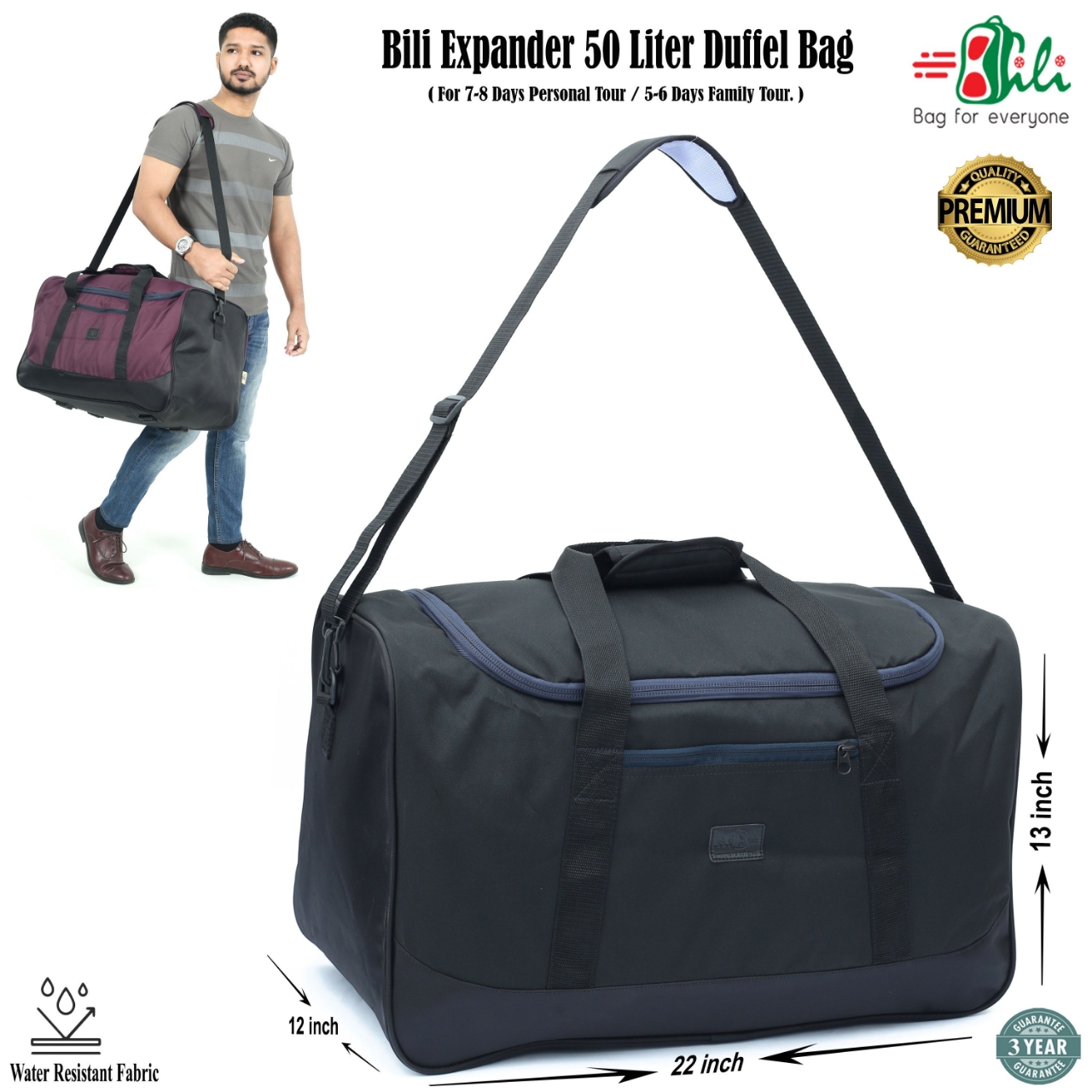 Picture of Bili Online Large Family Travel Bag for 5-6 Days Tour (Matte Black)