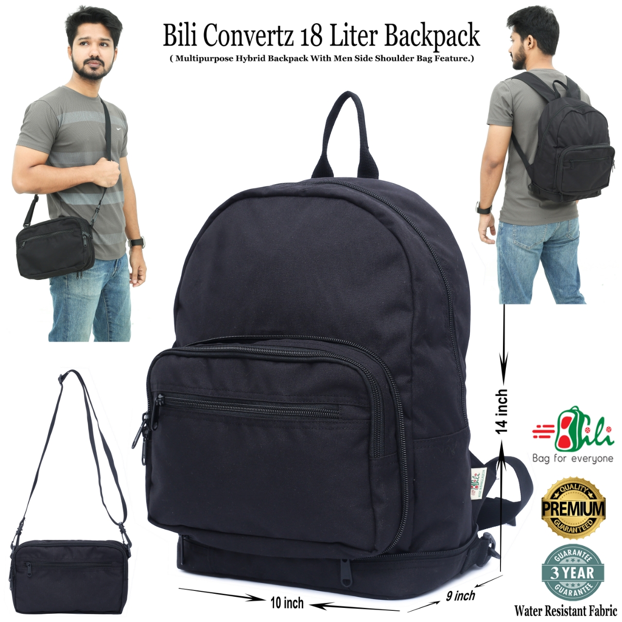 Picture of Bili Online Unique Backpack 18 Liter ( Backpack & Side Shoulder Bag)-Waterproof Backpack-School Bag-College Bag-Office Bag-Backpack-Laptop Bag-Biker Backpack-Premium Backpack