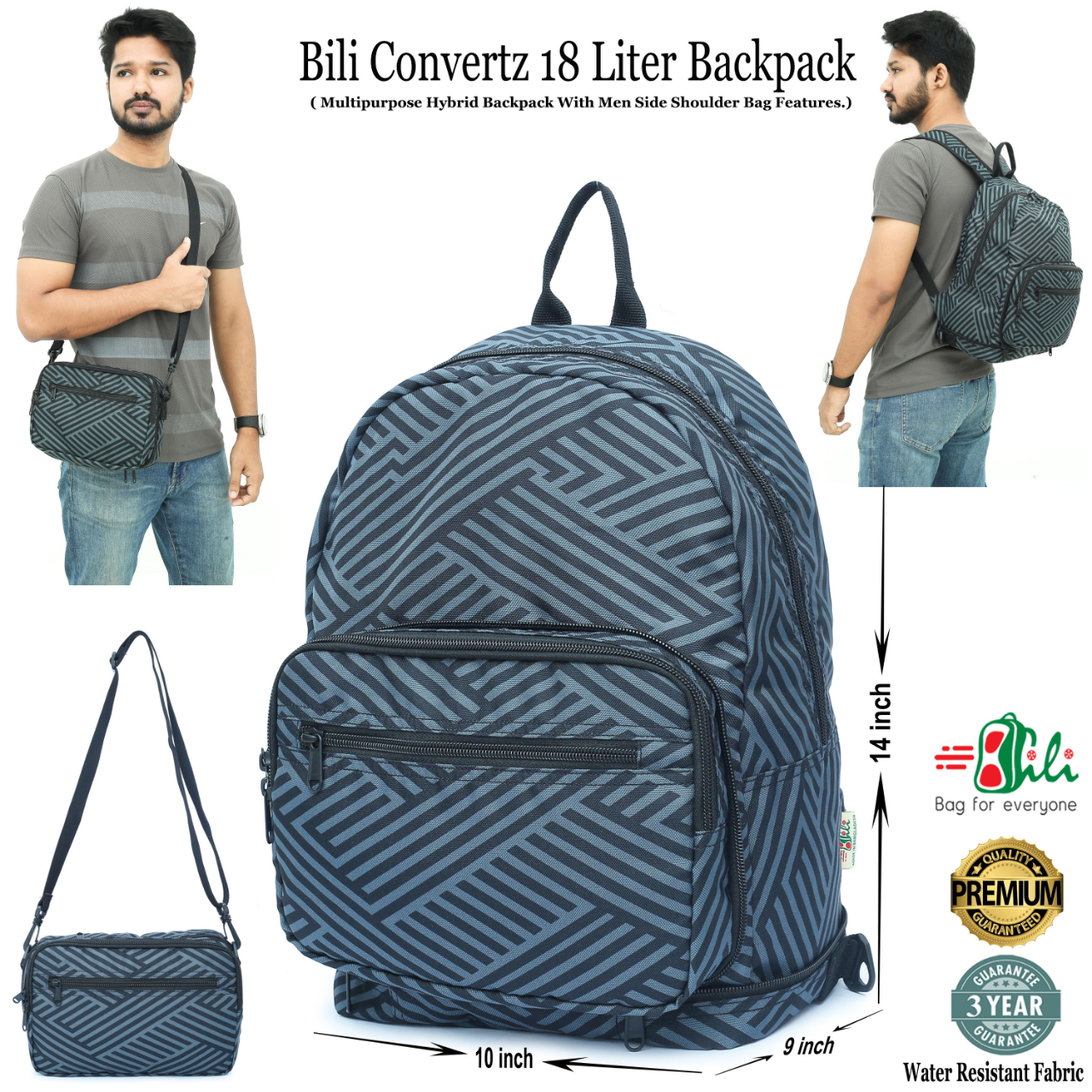 Picture of Bili Online Unique Backpack 18 Liter ( Backpack & Side Shoulder Bag)-Waterproof Backpack-School Bag-College Bag-Office Bag-Backpack-Laptop Bag-Biker Backpack-Premium Backpack