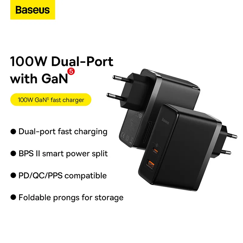 Buy Baseus GaN5 Pro Fast Charger C+U 100W EU Black (With Mini White Cable Type-C to Type-C 100W(20V/5A) 1m Black) CCGP090201 at Best Price in Bangladesh