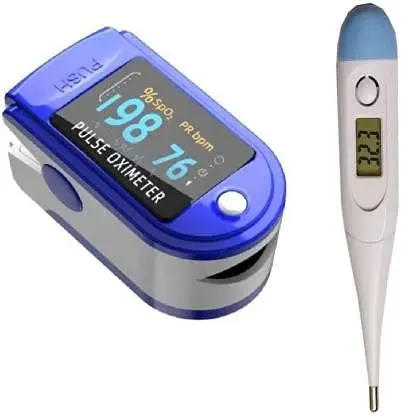 Picture of Pulse Oximeter Fingertip And thermometer, Blood Oxygen Saturation Monitor Fingertip Blood Oxygen Meter Finger Oximeter, O2 Monitor Finger for Oxygen (Blue) Combo Offer