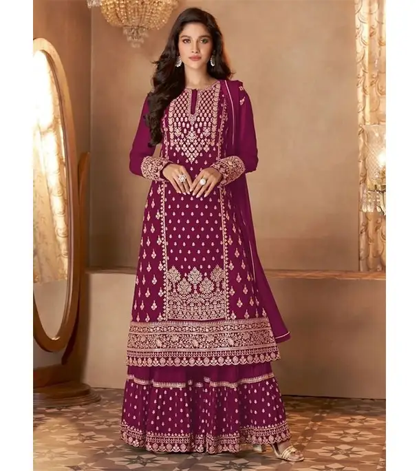 Picture of Semi-stiched Georgette Embroidery Work Free Size Designer Sarara Dress For Women