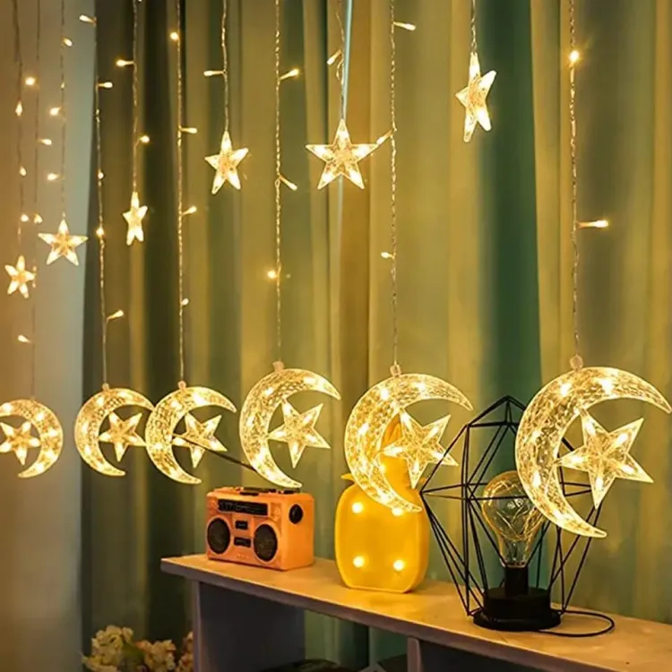 Picture of Ramadan Decorations 2024 Star Moon Curtain Garland String Light Aid Eid Mubarak For Home Arabic Islam Muslim Event Party Supplies