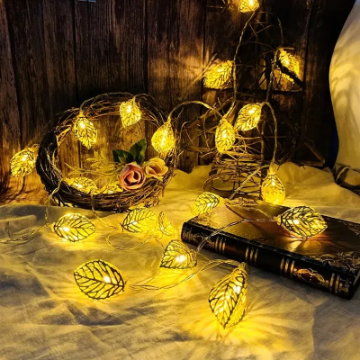 Picture of Metallic Fairy Light 3D Leaf Shape Gold Color Current Powered Pieces Set